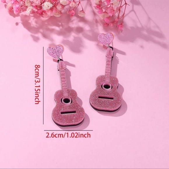 Acrylic Pink Glitter Guitar Earrings - Picture 2 of 4